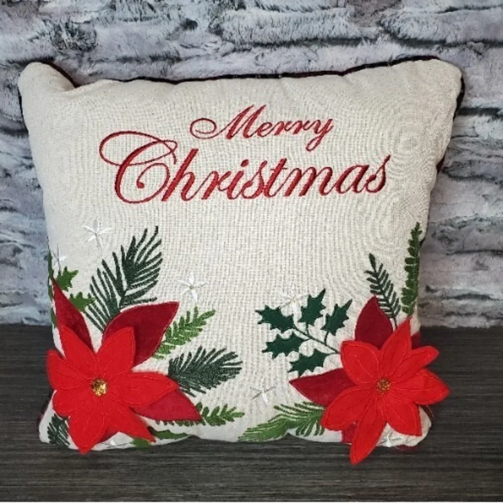 Red Felt Poinsettia Holly Merry Christmas Holiday Pillow Red Plaid Backing 16
